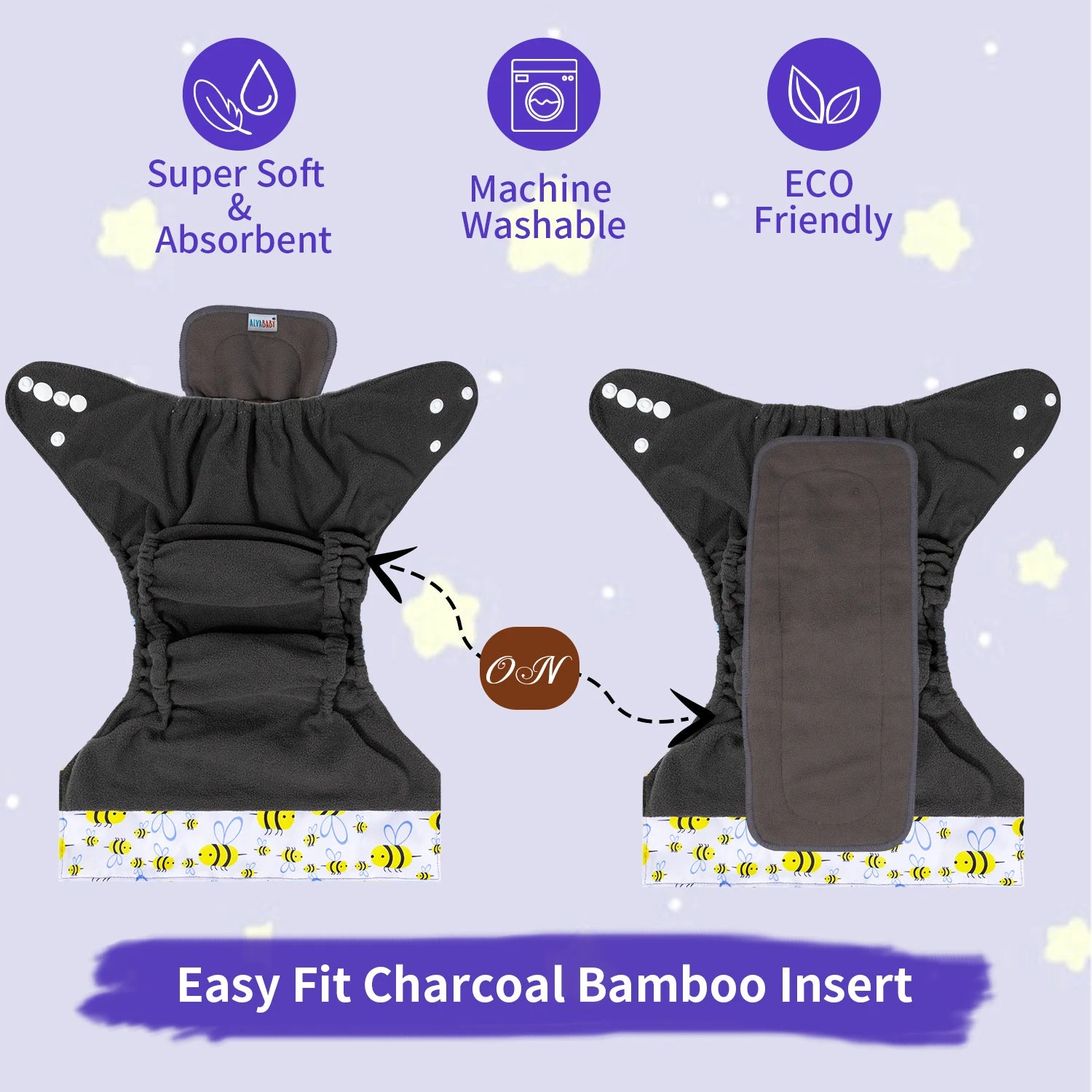 Easy Fit Charcoal Bamboo Insert. Features super soft, absorbent material, machine washable and eco-friendly. Visuals show the insert turned on and off. Bee pattern trim.