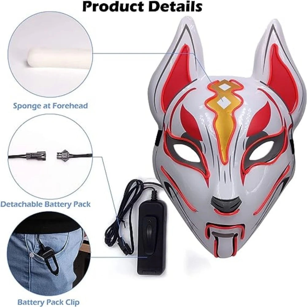 White fox-style LED mask with red and gold accents. Features include a forehead sponge, detachable battery pack, and a clip for securing to clothing.