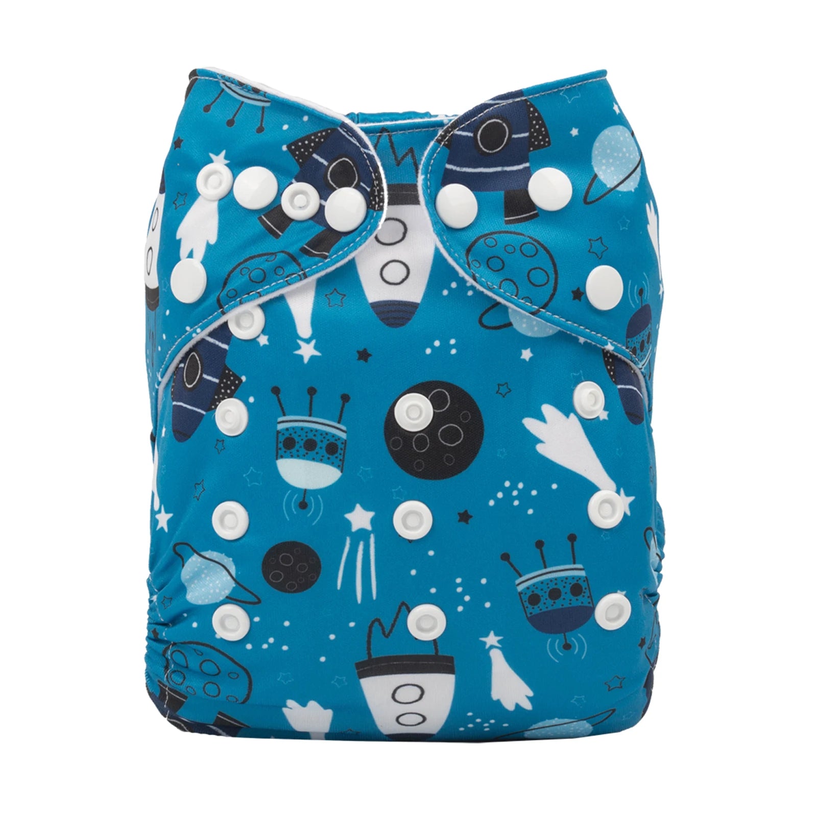 Reusable diaper with a blue space-themed print featuring rockets, planets, and stars. It has white snaps for adjustable fitting and a soft, waterproof fabric.