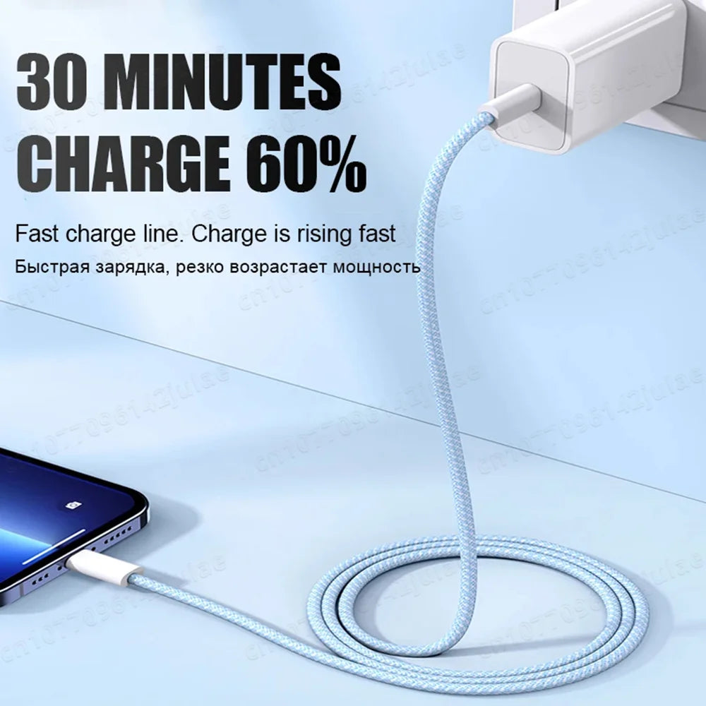 Charging cable connected to a phone and wall adapter, with text emphasizing fast charging: "30 Minutes Charge 60%." Cables and device rest on a light blue surface.