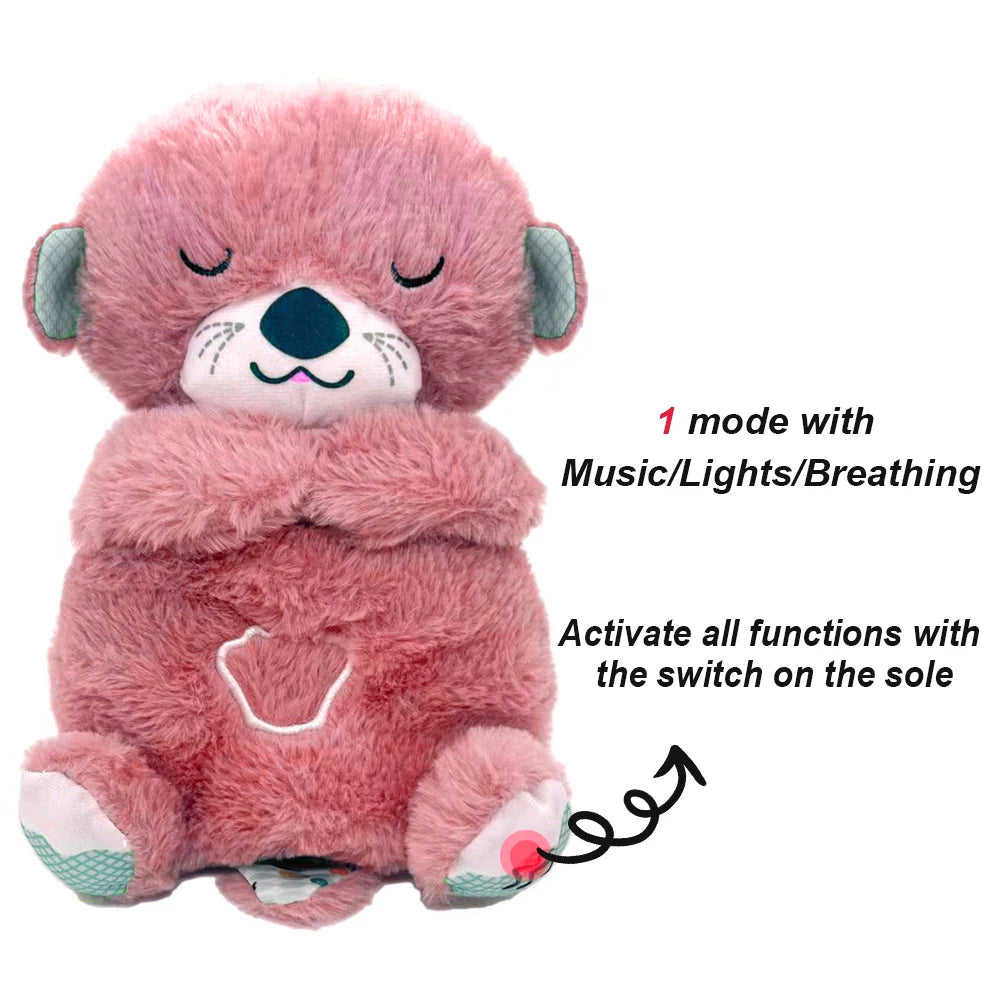 Pink plush toy bear with closed eyes, featuring music, lights, and breathing modes. Text on image describes mode and sole switch activation for all functions.