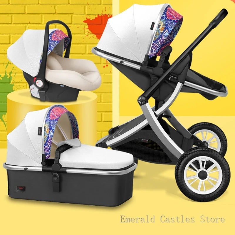 Modern baby stroller set with interchangeable parts, including a bassinet, car seat, and stroller, featuring colorful canopies. Background includes a yellow brick wall.