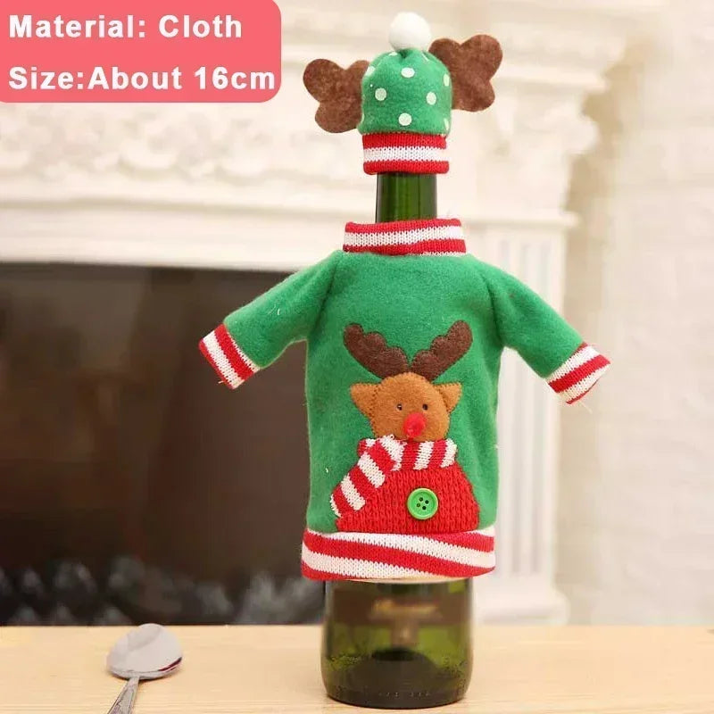 Green bottle cover with reindeer design, red stripes, and a polka dot hat, resembling a Christmas sweater. Text on image: "Material: Cloth, Size: About 16cm".