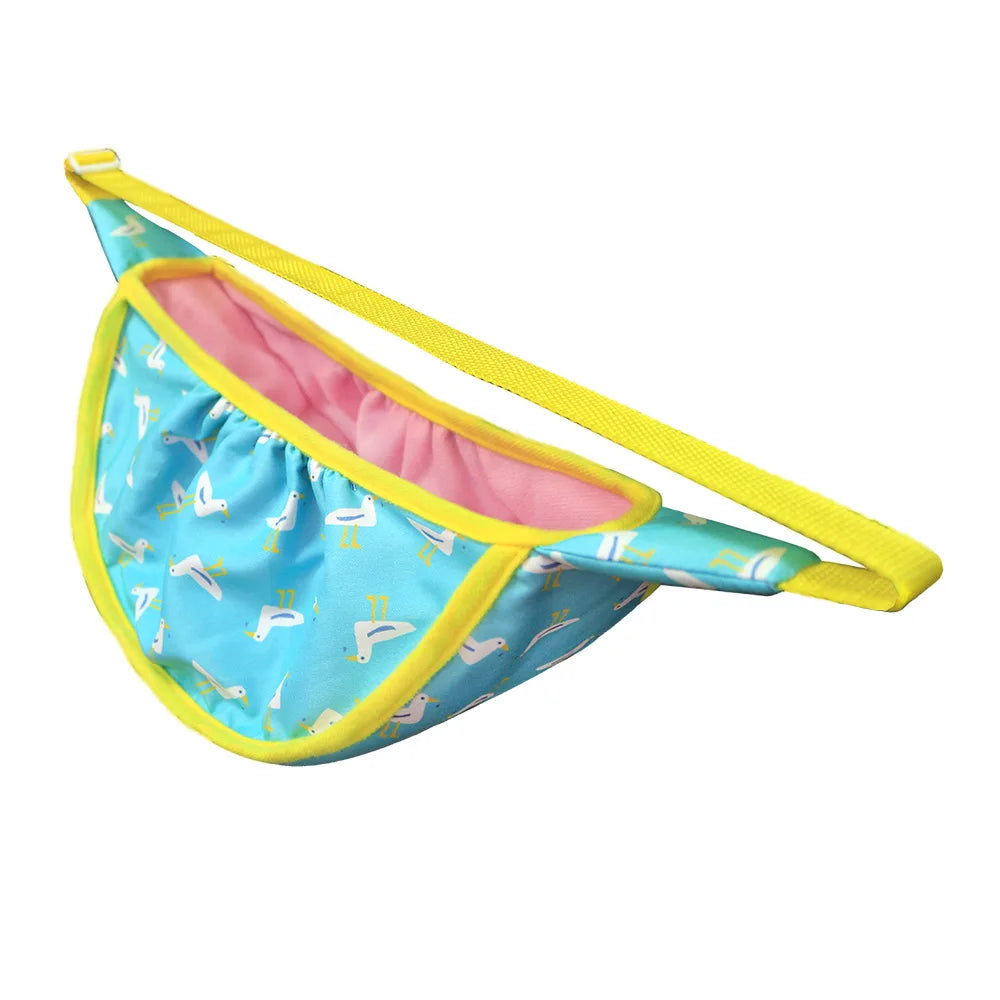 Bright blue fanny pack with a yellow strap and trim, decorated with white birds. The interior is pink, creating a playful and colorful design.
