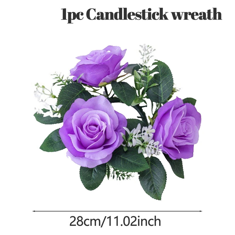 Artificial candlestick wreath with light purple roses and green leaves, measuring 28 cm in diameter. Ideal for decorative purposes.