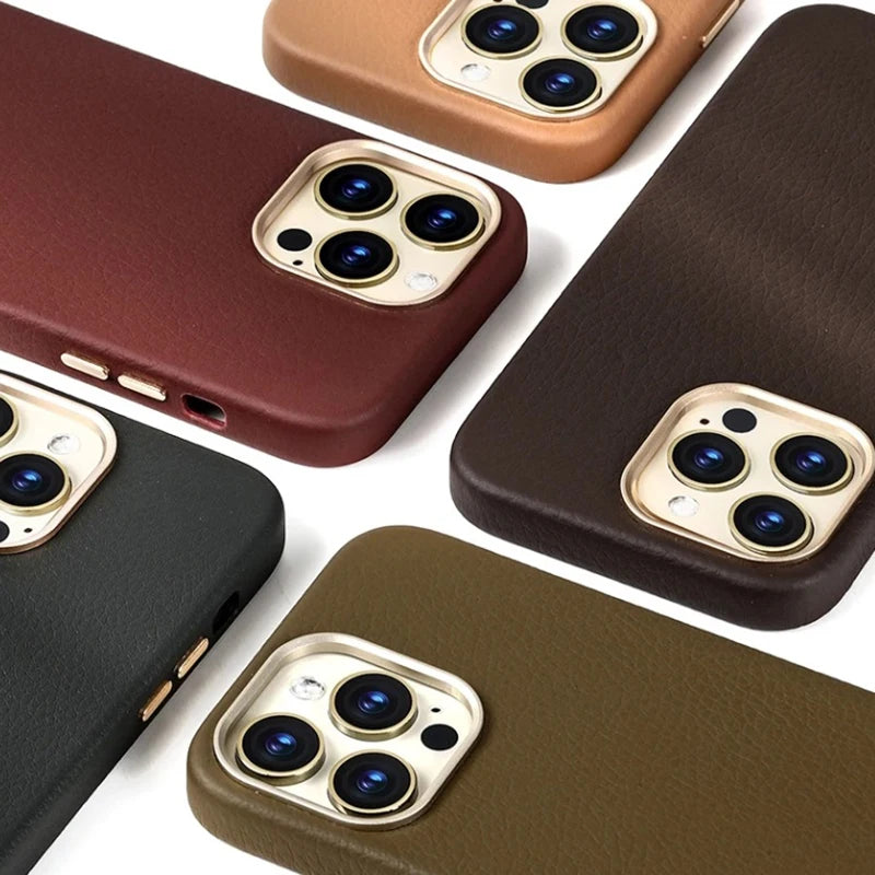 Smartphone cases in various colors: brown, tan, red, green, and black. Each has a textured surface and cutouts for triple camera lenses, positioned on a white background.