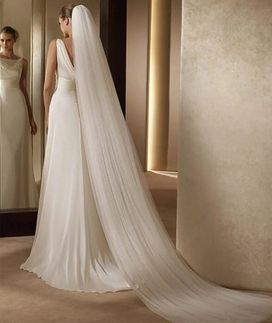 A bride in a sleek, sleeveless white wedding gown stands in front of a mirror. The gown features a deep V-back and long, flowing train. Her hair is styled with a long veil.