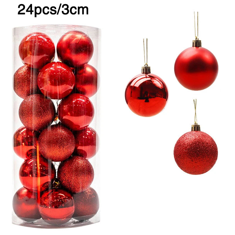 A set of 24 red Christmas baubles, 3cm each, displayed in a clear container. Baubles come in matte, glossy, and glitter finishes, with strings for hanging.