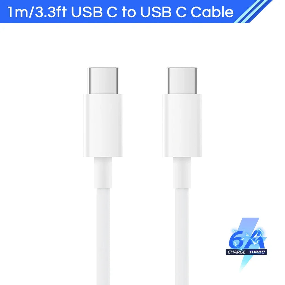 White 1m/3.3ft USB-C to USB-C cable with reinforced connectors for fast charging. Bolt graphic with "6A Charge Turbo" text in the bottom right corner.