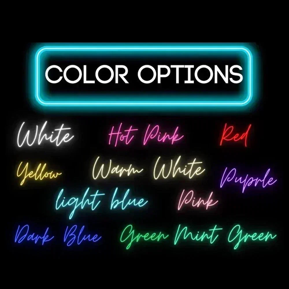 Neon text reading "Color Options" with a glow outline, displaying color choices: White, Hot Pink, Red, Yellow, Warm White, Purple, Light Blue, Pink, Dark Blue, Green Mint Green.