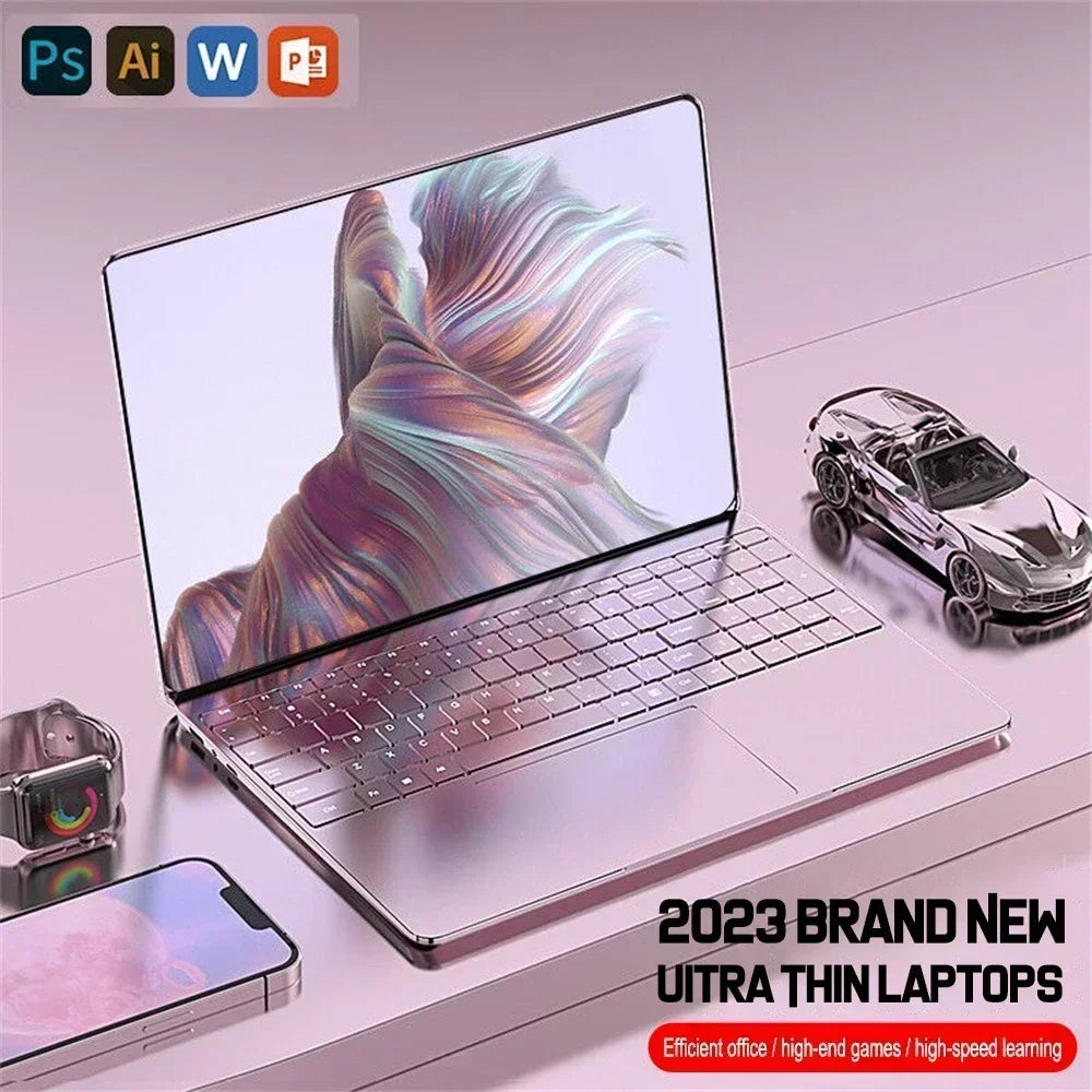 Ultra-thin laptop with a colorful abstract display, surrounded by a smartwatch, smartphone, and toy car, promoting 2023 models for office use, gaming, and learning.