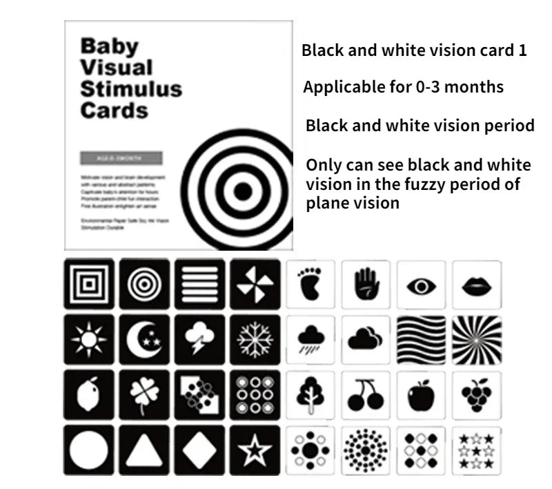 Black and white visual stimulus cards for babies aged 0-3 months, featuring various high-contrast patterns and shapes, designed to aid infant visual development.