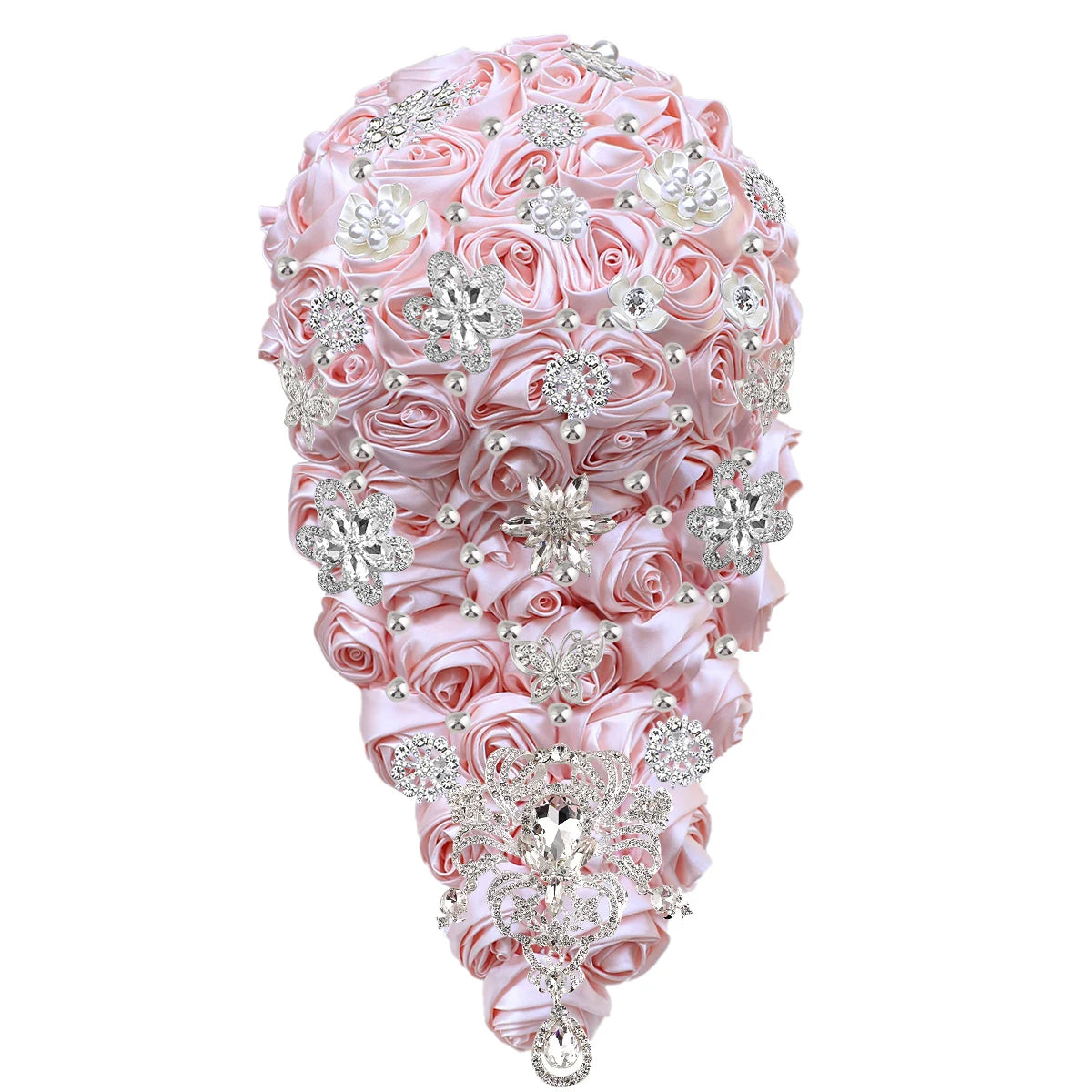 A teardrop-shaped bouquet made of pink satin roses adorned with silver rhinestone flowers and pearls, elegantly cascading downward.