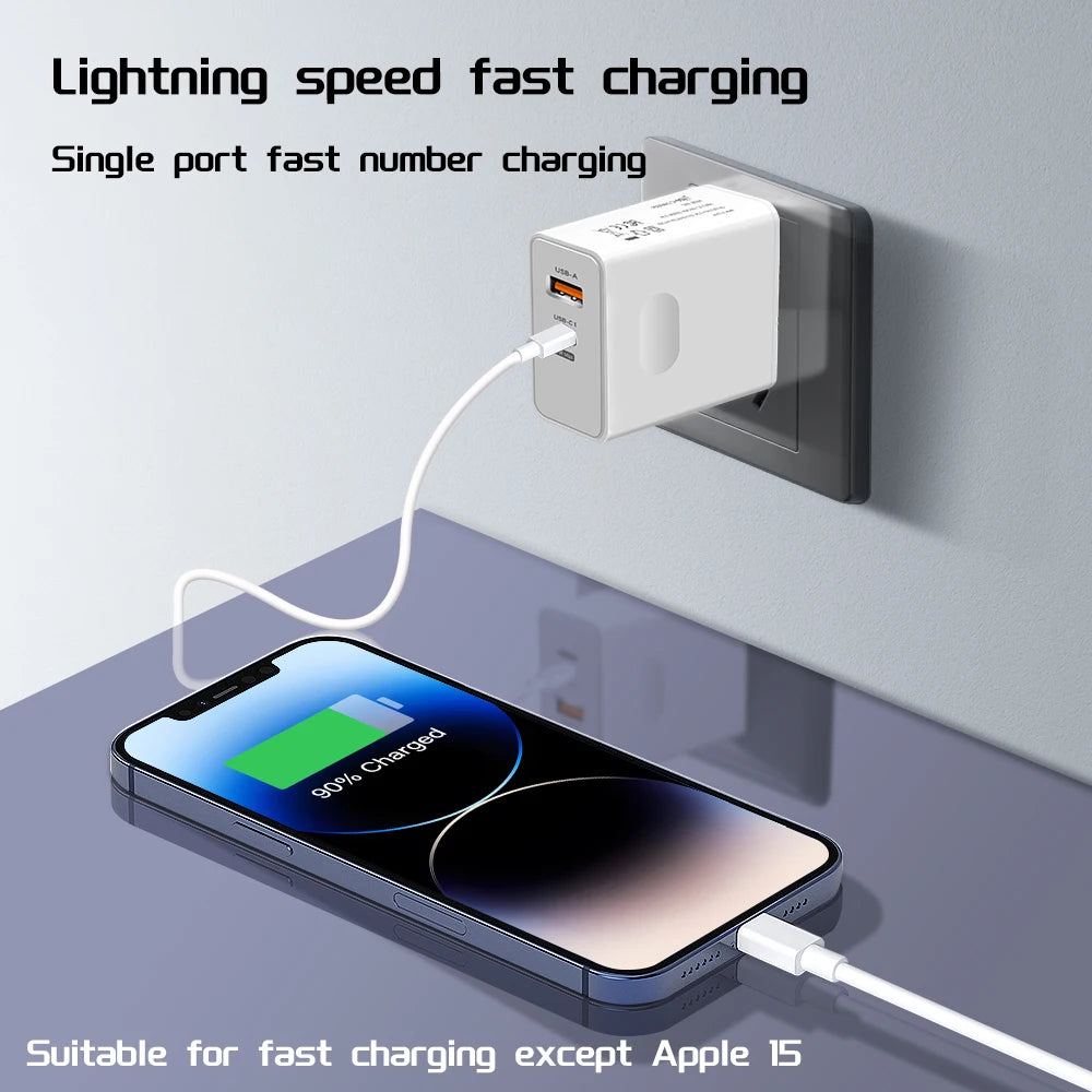A smartphone showing 90% charge is connected to a wall charger with dual USB ports. Text highlights fast charging, excluding Apple 15 devices.