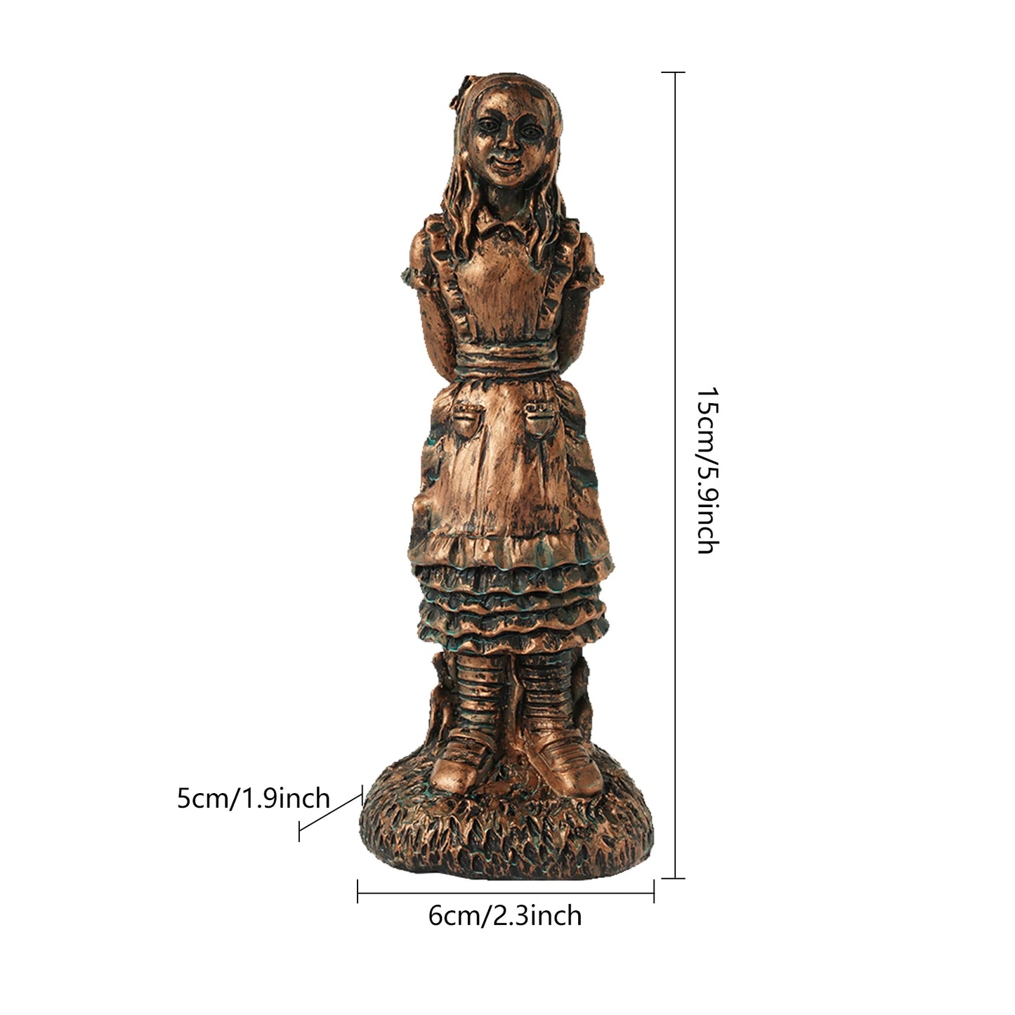 Bronze statue of a girl in a dress and apron, hands behind back. Measures 15 cm tall, 6 cm wide, and 5 cm deep. Detailed features and textured base.
