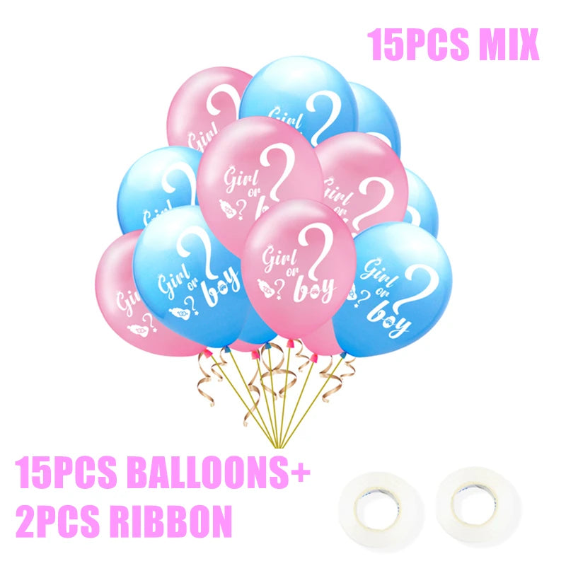Pink and blue balloons with "Girl or Boy?" text, bundled with gold ribbons. Includes 15 balloons and 2 ribbon rolls. Suitable for gender reveal parties.