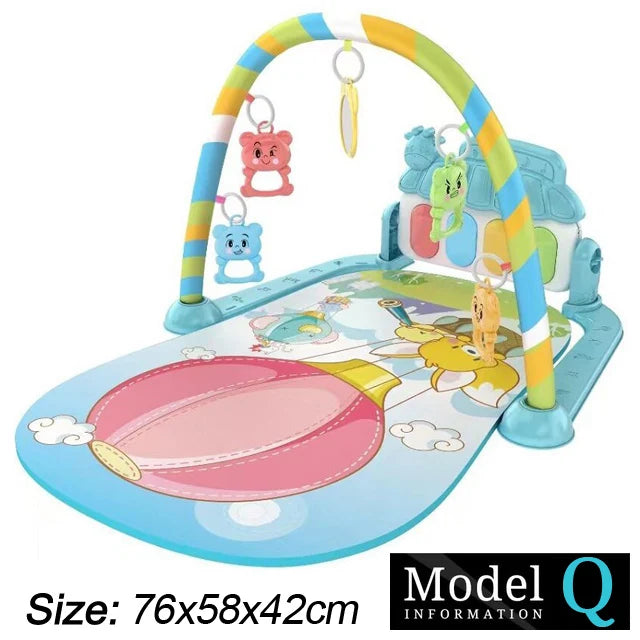 Colorful baby play mat with a soft surface, featuring a rainbow arch with hanging animal toys. The mat is decorated with playful prints of a hot air balloon and animals. Size: 76x58x42cm.