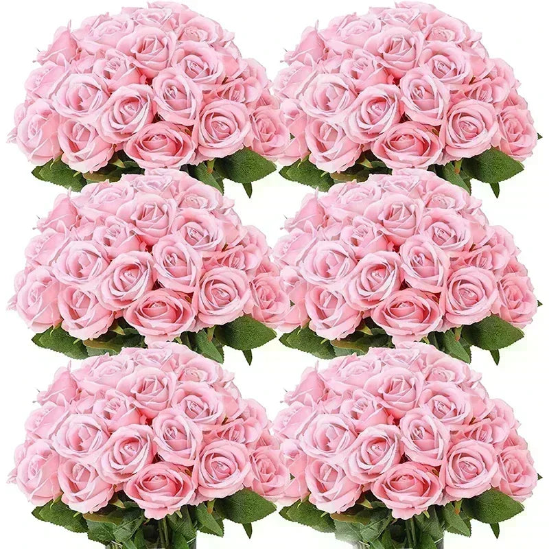 Six bouquets of soft pink roses with lush green leaves, arranged in two rows of three. The roses are tightly clustered, showcasing their delicate petals and rich color.