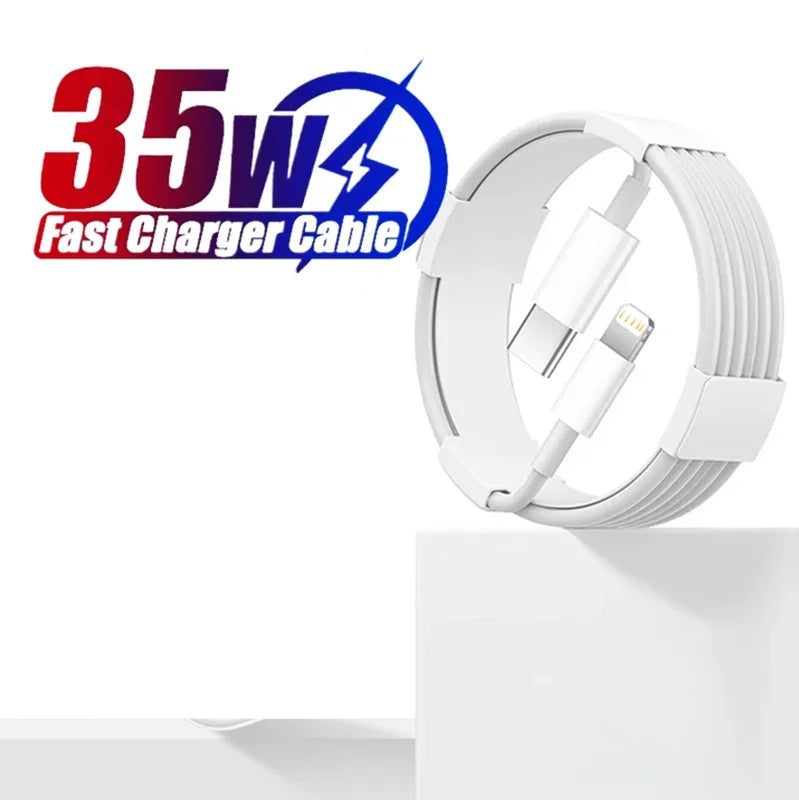 Coiled white charging cable with USB-C and Lightning connectors on a white surface, labeled 35W Fast Charger Cable with a blue and red logo.