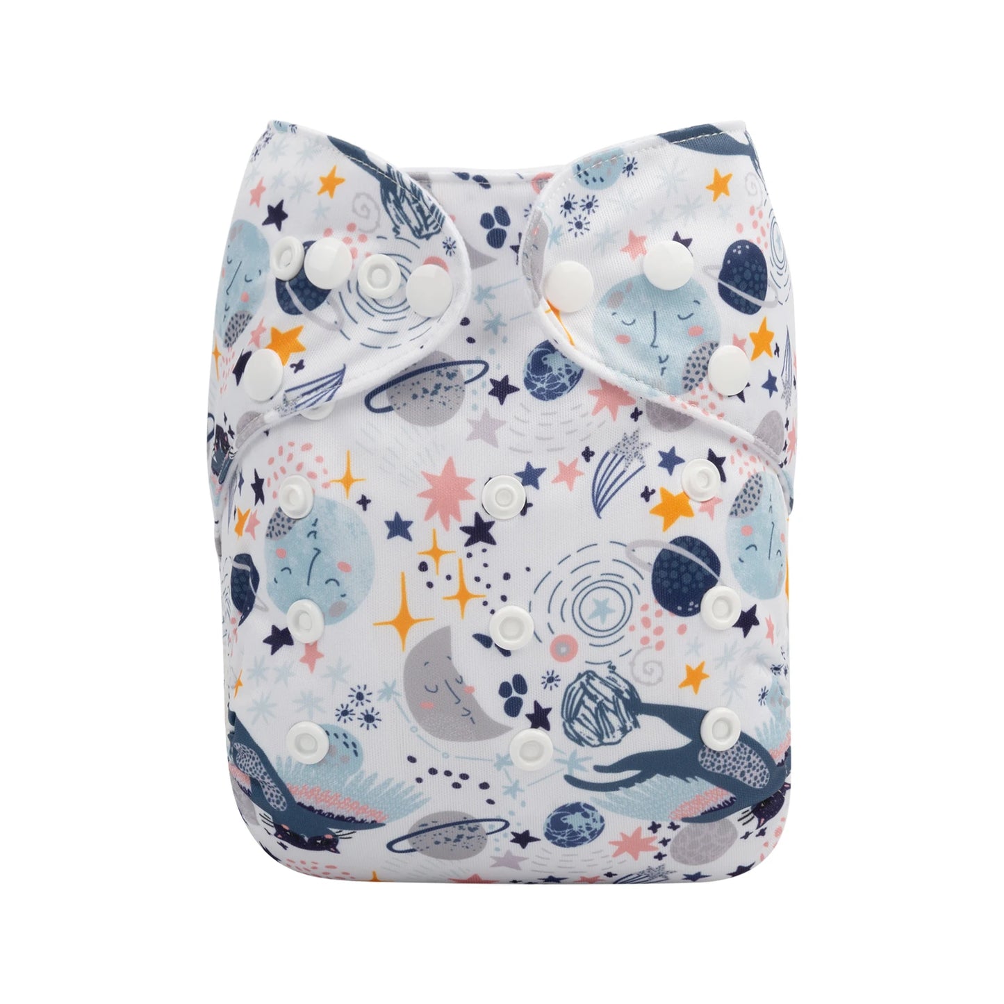 Cloth diaper with a cute space-themed print featuring planets, stars, and smiling moons. The design is on a white background with adjustable white snaps.