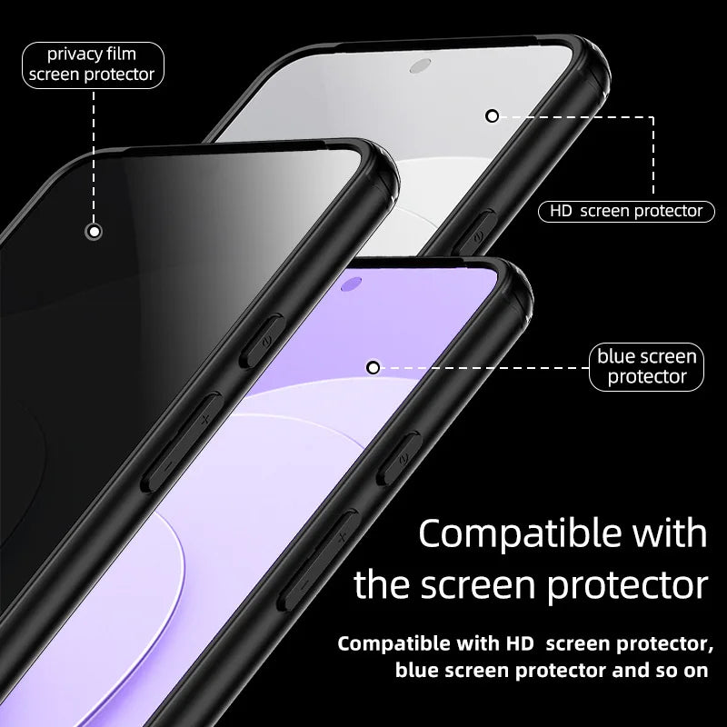 Three smartphones with different screen protectors: privacy film, HD, and blue screen. Text reads, "Compatible with the screen protector," indicating adaptability.