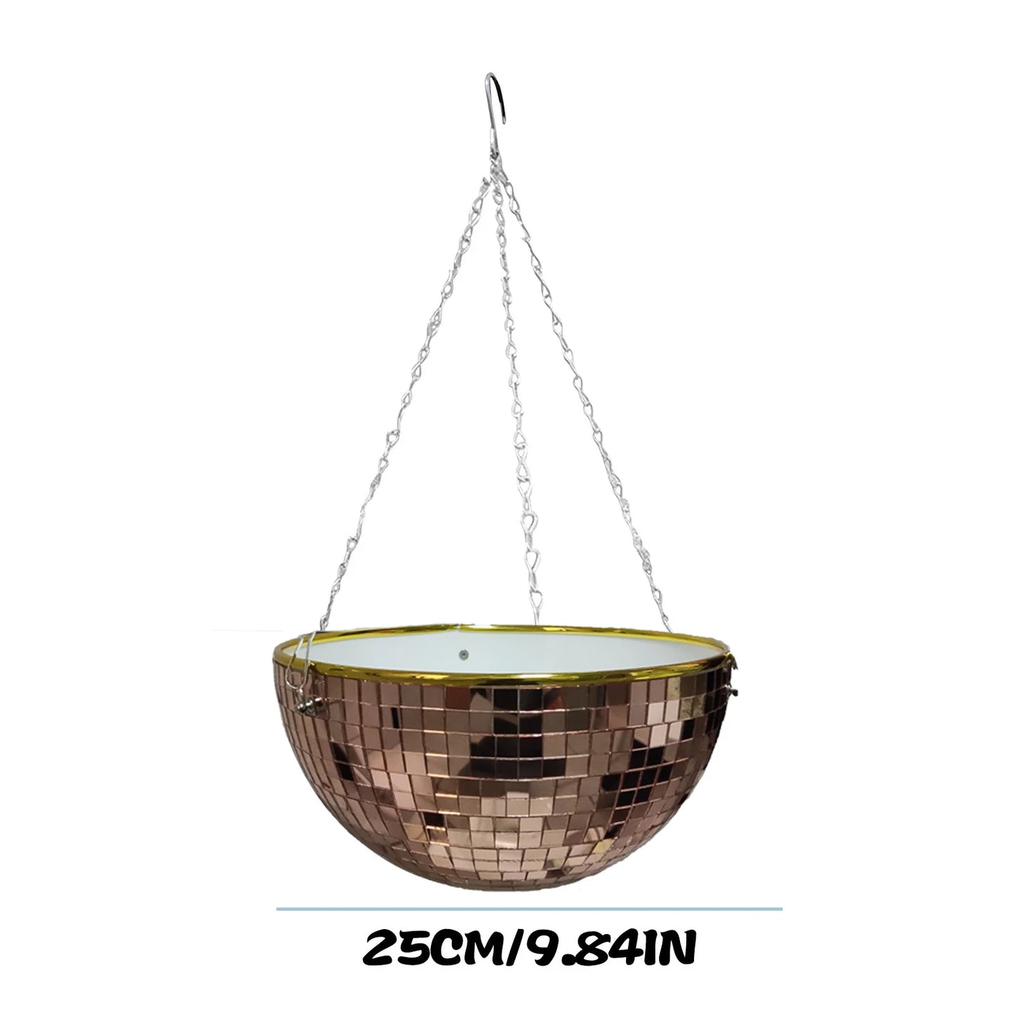 Hanging planter with a mosaic mirror finish, featuring a bronze-toned surface, suspended by metal chains. Diameter is 25cm (9.84 inches).