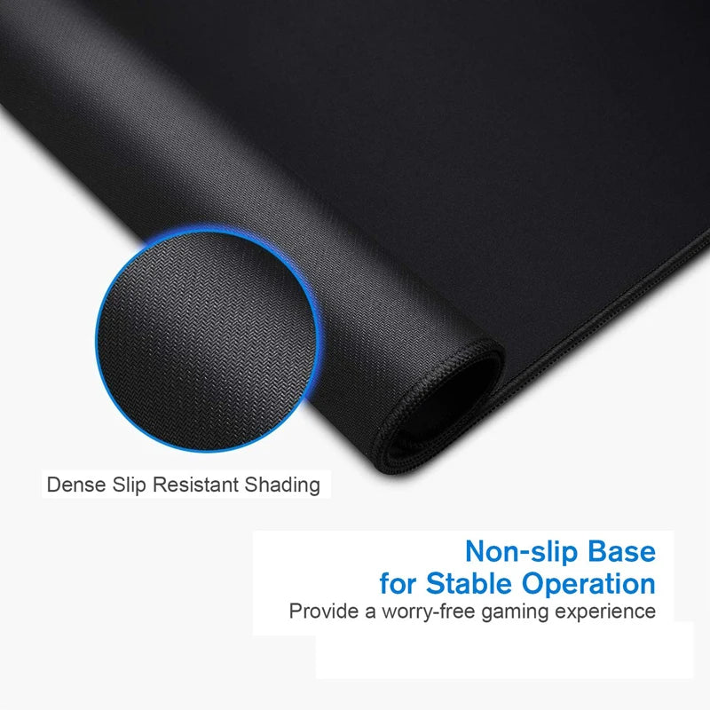 Rolled-up black mouse pad with a dense, slip-resistant texture. Inset magnifies textured surface. Text highlights non-slip base for stable operation and a worry-free gaming experience.