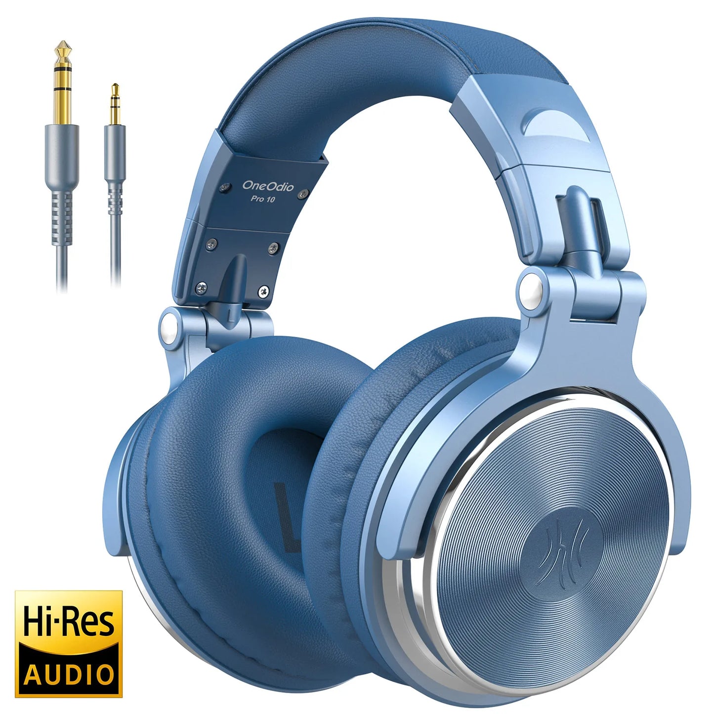 Blue over-ear OneOdio Pro 10 headphones with cushioned ear pads and adjustable headband. Includes a detachable audio cable with 3.5mm and 6.35mm connectors. Hi-Res Audio label visible.