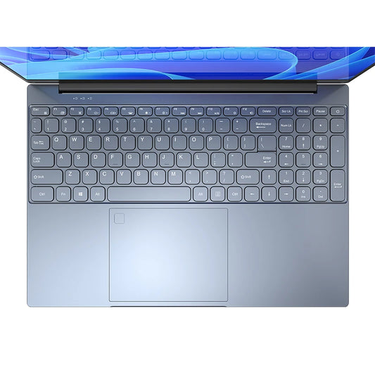 Top view of an open laptop showing a full-size gray keyboard with a numeric keypad and a large touchpad. The screen is partially visible with a blue abstract design.