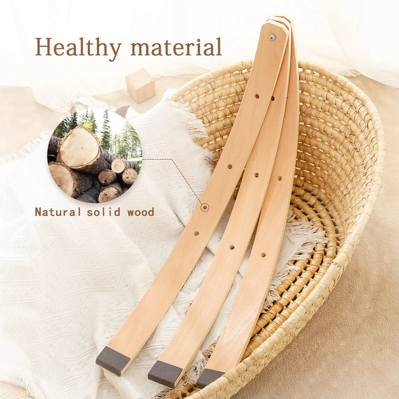 Wooden chair legs placed in a woven basket with a white textured cloth. A circular inset shows logs and trees, labeled "Natural solid wood." Text reads "Healthy material."