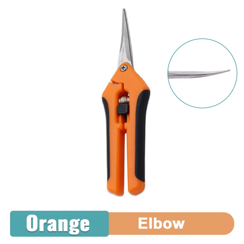 Orange and black pruning scissors with an ergonomic design and curved stainless steel blades. Close-up inset of blade tip. Text below reads "Orange Elbow."
