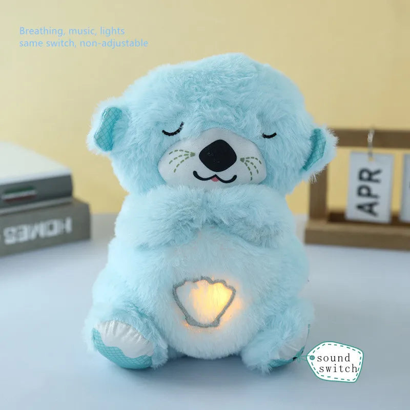Blue plush toy bear with closed eyes, features a glowing heart on its belly. Background includes stacked books and a calendar displaying "APR." Text notes features are non-adjustable.