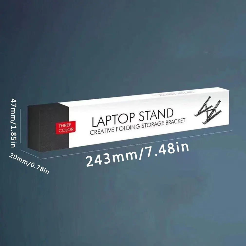 Packaging for a foldable laptop stand, labeled "Three Color," with dimensions: 243mm x 47mm x 20mm. The box features an image of the stand.