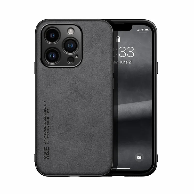 Dual-view of a smartphone: front display shows time and date, back features a black, textured protective case with three rear camera lenses and branding text.