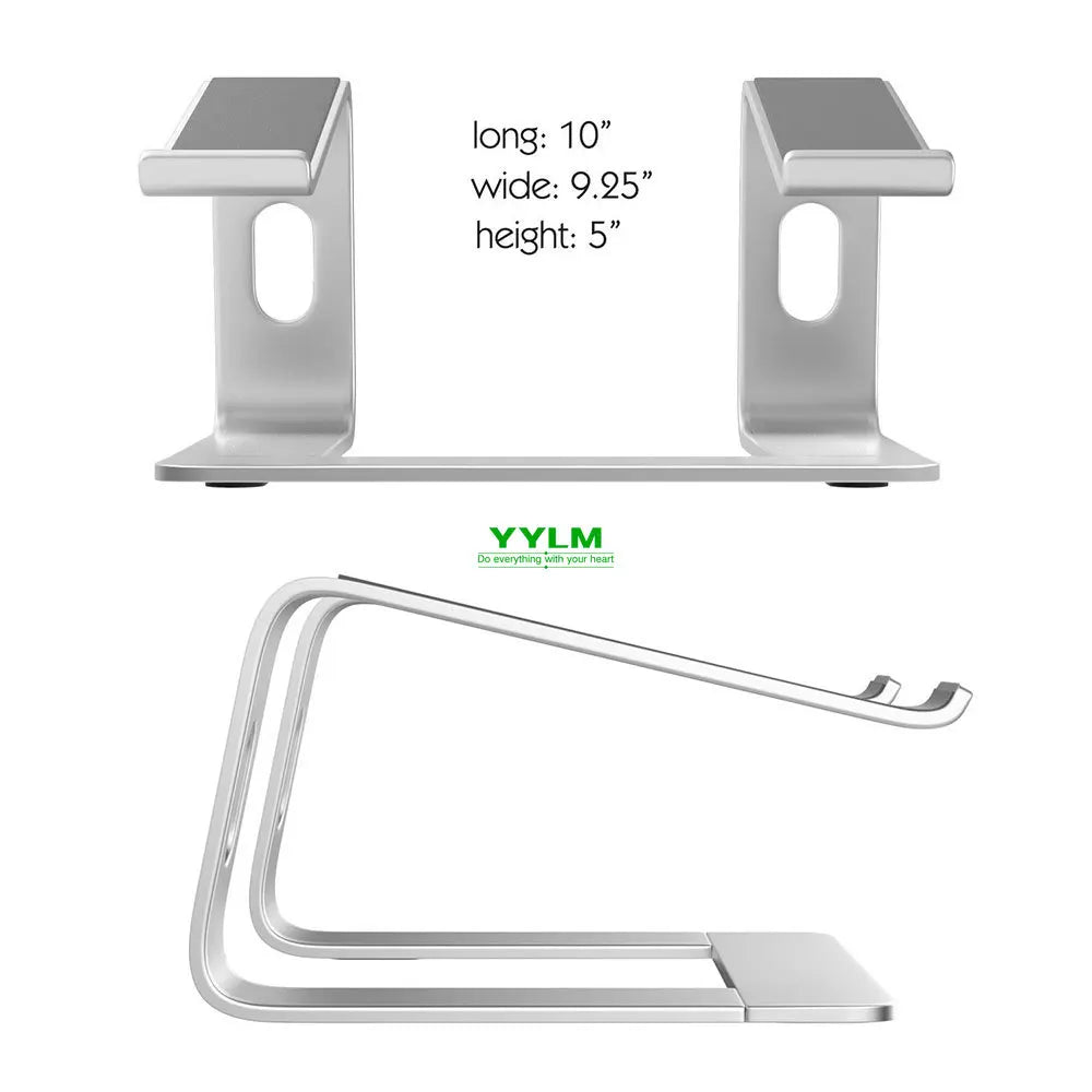 Aluminum laptop stand with dimensions: 10" long, 9.25" wide, 5" high. Features ergonomic design with raised angles. Brand logo "YYLM" and slogan "Do everything with your heart" displayed.