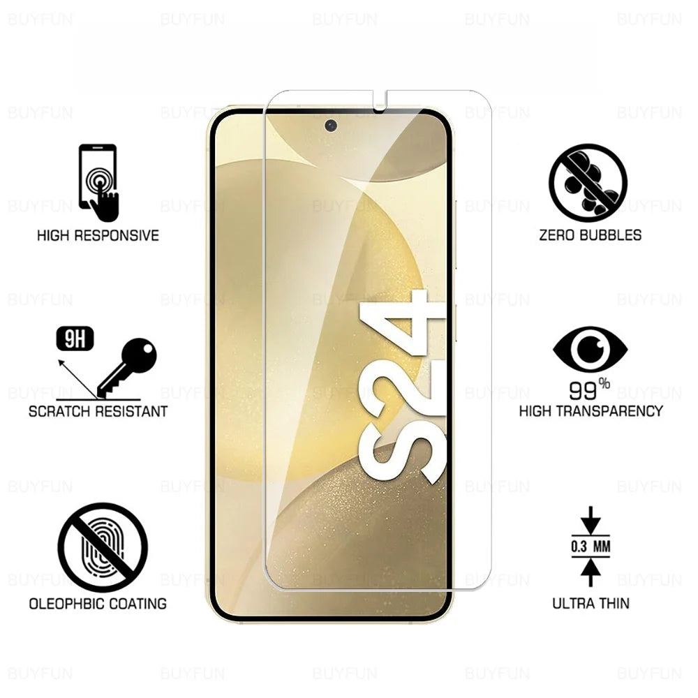 Smartphone screen with a transparent protector labeled S24. Features: high responsiveness, 9H scratch resistance, oleophobic coating, zero bubbles, 99% transparency, and 0.3mm thickness.