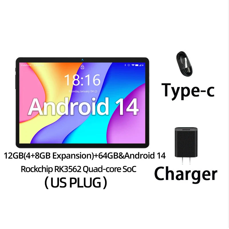 Tablet with Android 14, 12GB (4+8GB expansion), 64GB storage, Rockchip RK3562 Quad-core. Includes Type-C cable and US plug charger. Colorful background on screen.