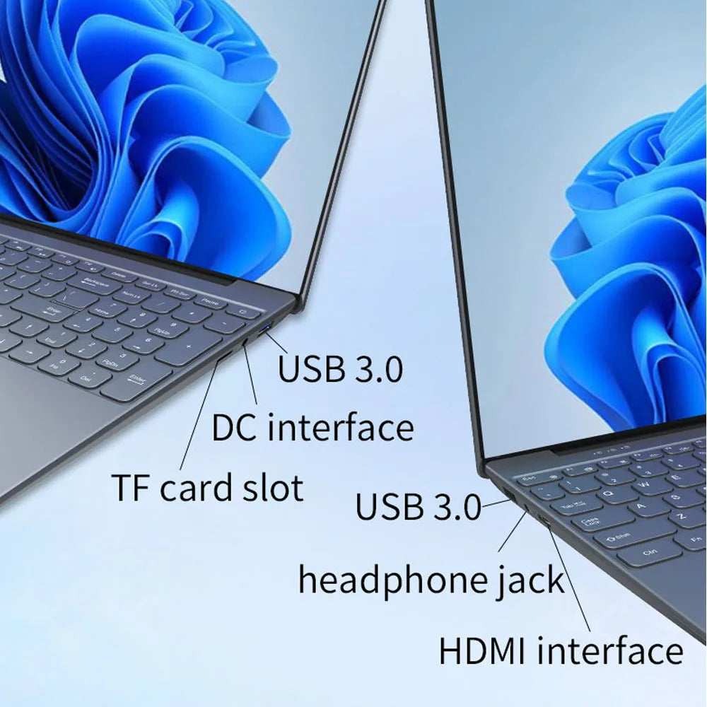 Two laptops with blue screens are shown. Labeled ports include USB 3.0, DC interface, TF card slot, headphone jack, and HDMI interface on the sides of the devices.