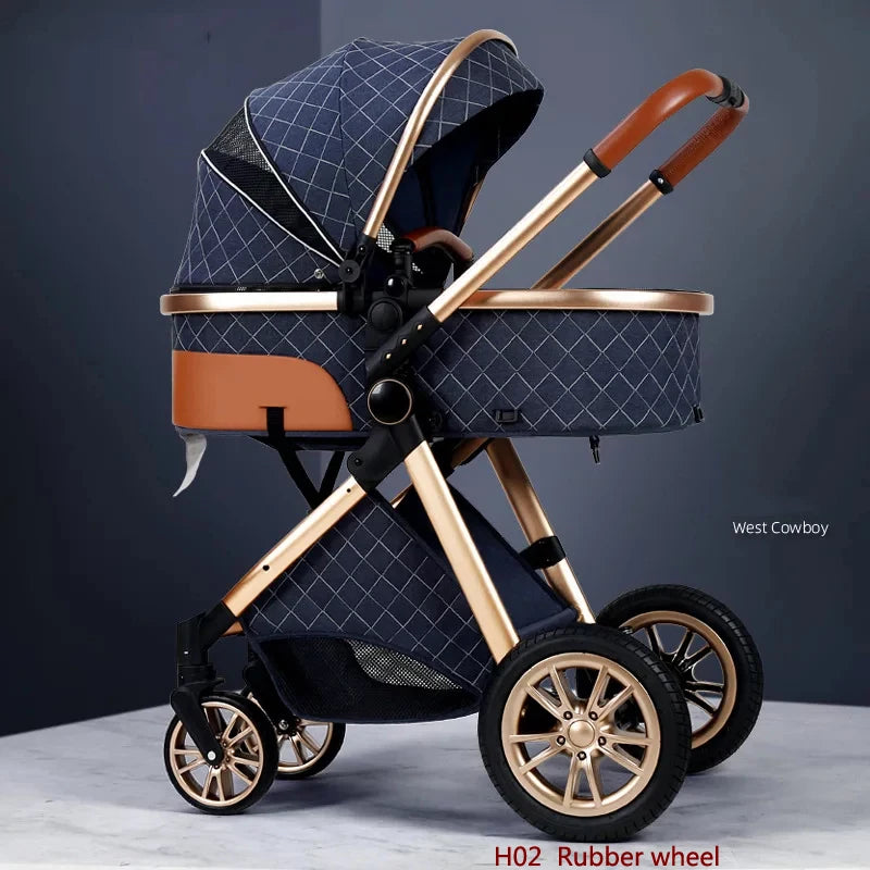 Luxury baby stroller with a diamond-patterned navy canopy, leather accents, and a gold frame. Features include a detachable bassinet and rubber wheels against a sleek indoor setting.