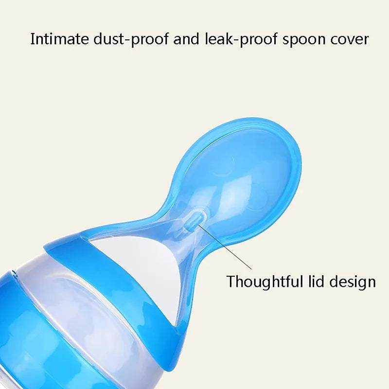 Close-up of a blue, dust-proof, and leak-proof spoon cover with a thoughtful lid design, highlighted against a light background. Text above reads "Intimate dust-proof and leak-proof spoon cover."