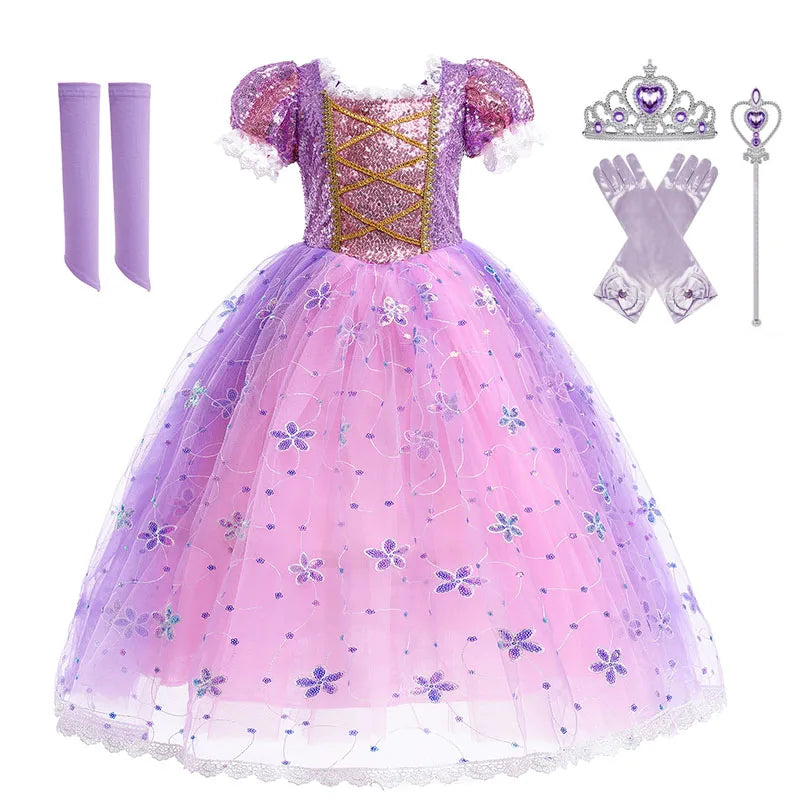 Purple and pink princess dress with floral designs, matching gloves, knee-high socks, a tiara, and a scepter, all embellished with heart and jewel details.
