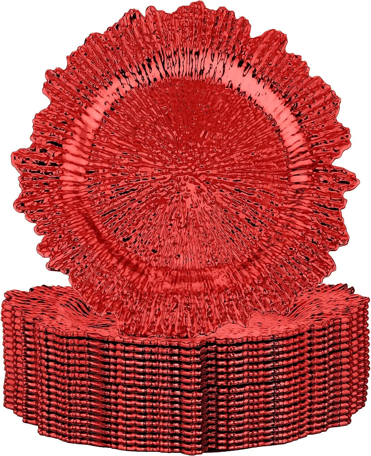 Red textured charger plates with a radiating pattern, stacked neatly. The design features a ruffled edge, adding a touch of elegance, ideal for festive or formal table settings.