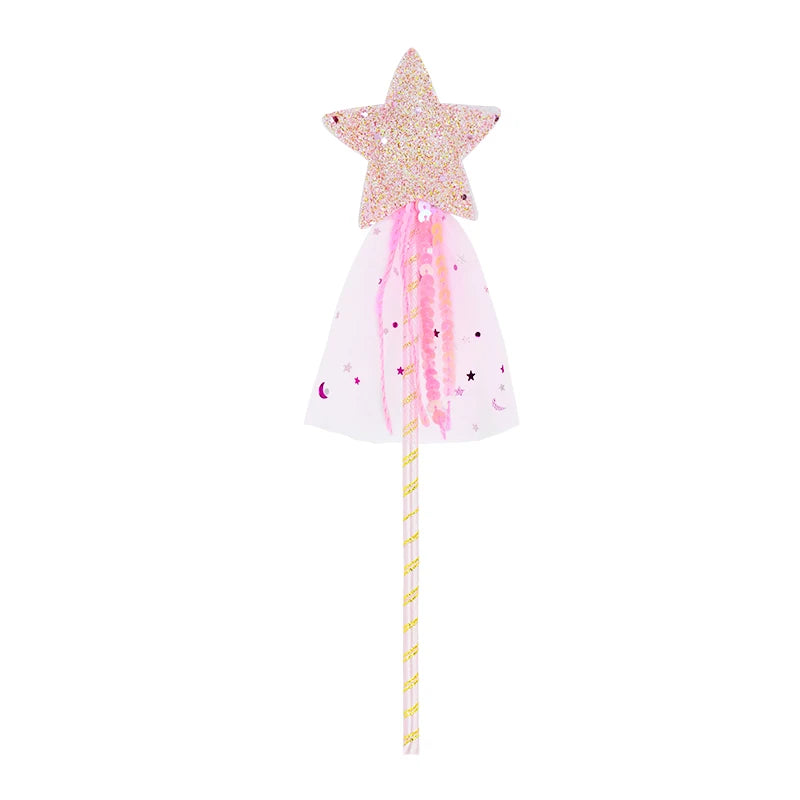 Glittery star wand with a pink tulle veil adorned with stars and moons, attached to a striped gold and white handle. Perfect for magical or fairy-themed occasions.