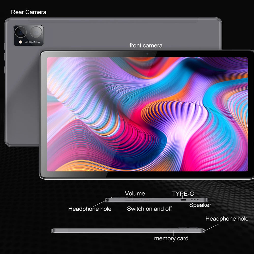 Tablet showing colorful screen, with labeled features: front and rear cameras, volume buttons, power switch, USB Type-C port, speaker, headphone jacks, and memory card slot.