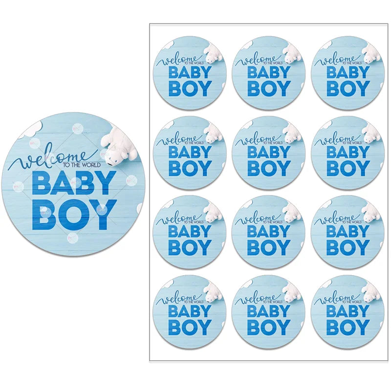 Blue stickers with "Welcome to the World Baby Boy" text and a white teddy bear in the corner, arranged in a 4x3 grid. Background features light blue wood texture.