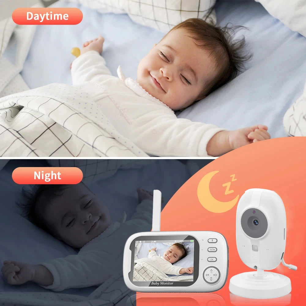 Baby sleeping peacefully; divided image shows daytime and night. Bottom right features a baby monitor screen with the sleeping baby, alongside a standalone camera.