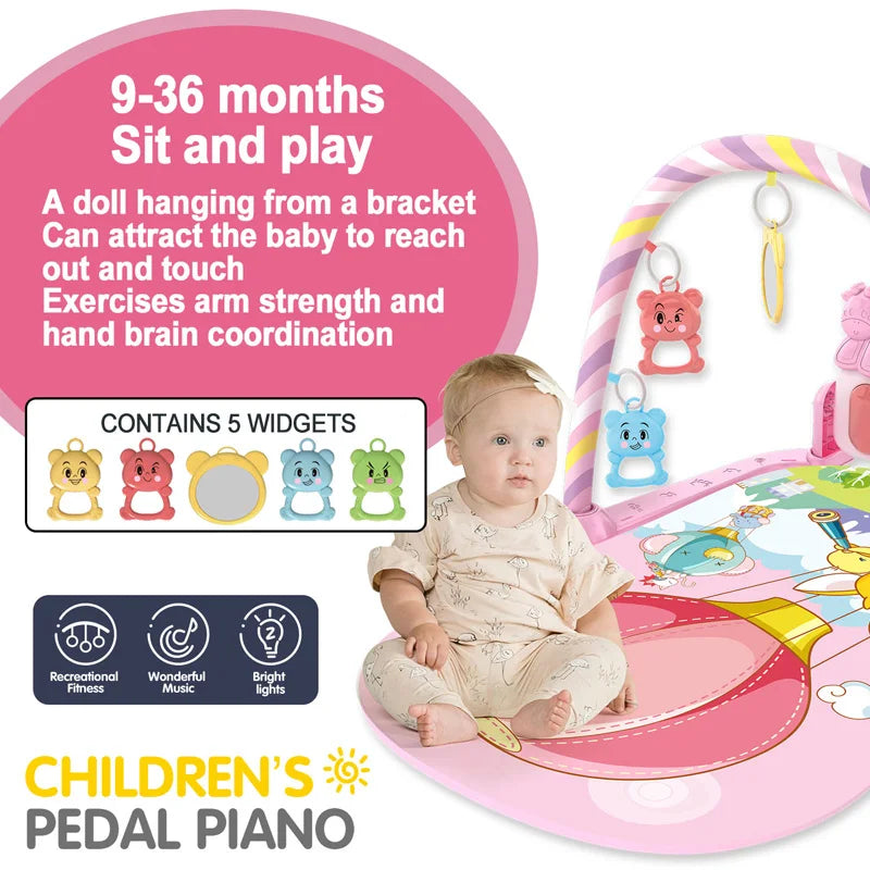 Infant sits on a colorful play mat with hanging toys and piano. Text highlights benefits for ages 9-36 months, like improving coordination. Features include 5 widgets and bright lights.