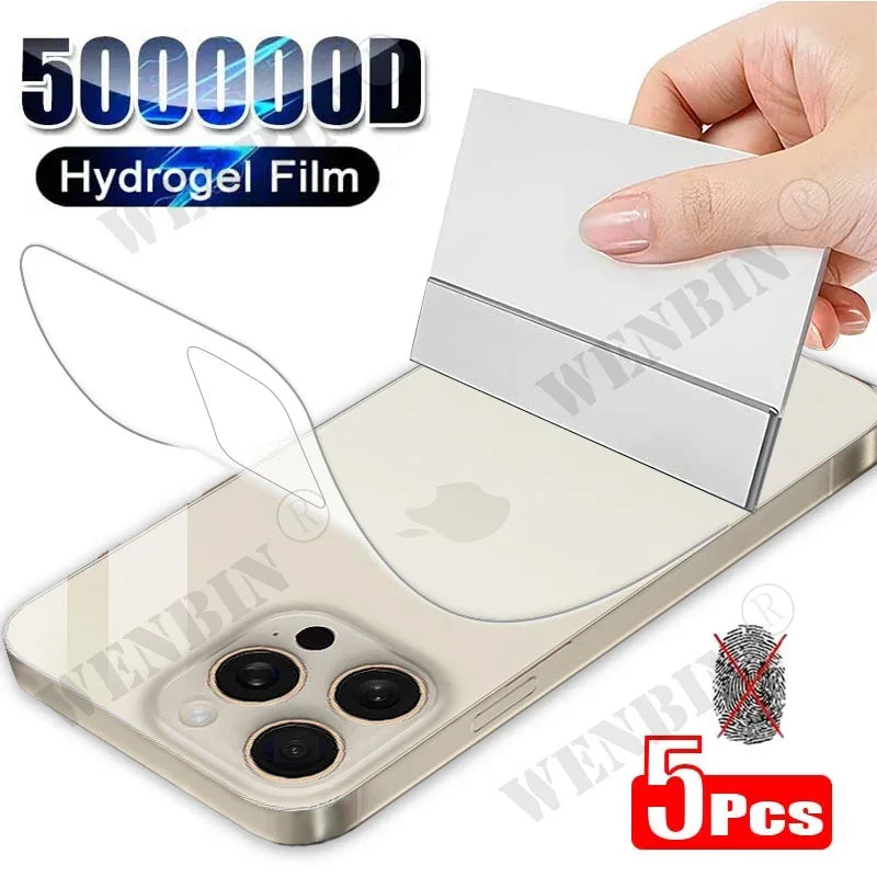 Image showing a hand applying a 50000D hydrogel film to a smartphone with a triple camera setup. The package includes five pieces.