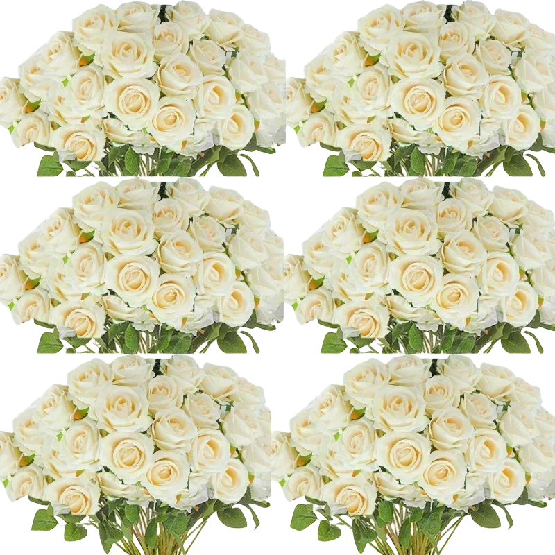 Six bouquets of cream-colored roses with lush green leaves, arranged in two rows of three against a black background.