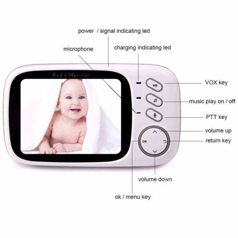Baby monitor with a screen showing a smiling baby under a blanket. Buttons labeled include VOX, music play, PTT, volume, OK/menu, with indicators for power and charging.